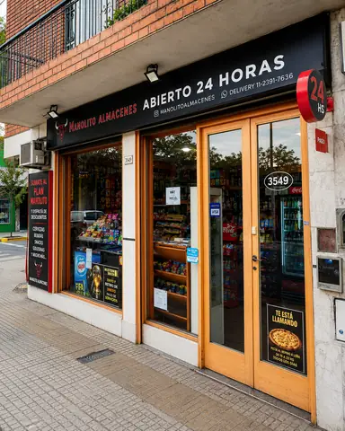 La fachada de Manolito en Laprida 3549, con el cartel de ABIERTO 24 HORAS