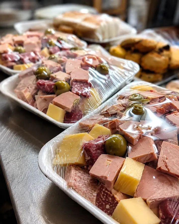 Bandejas de picada listas: fiambre, queso y aceitunas