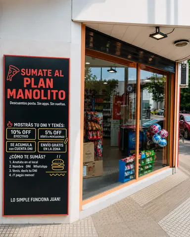 El cartel del Plan Manolito en la vereda: 10% off en efectivo y 5% con debito o Mercado Pago